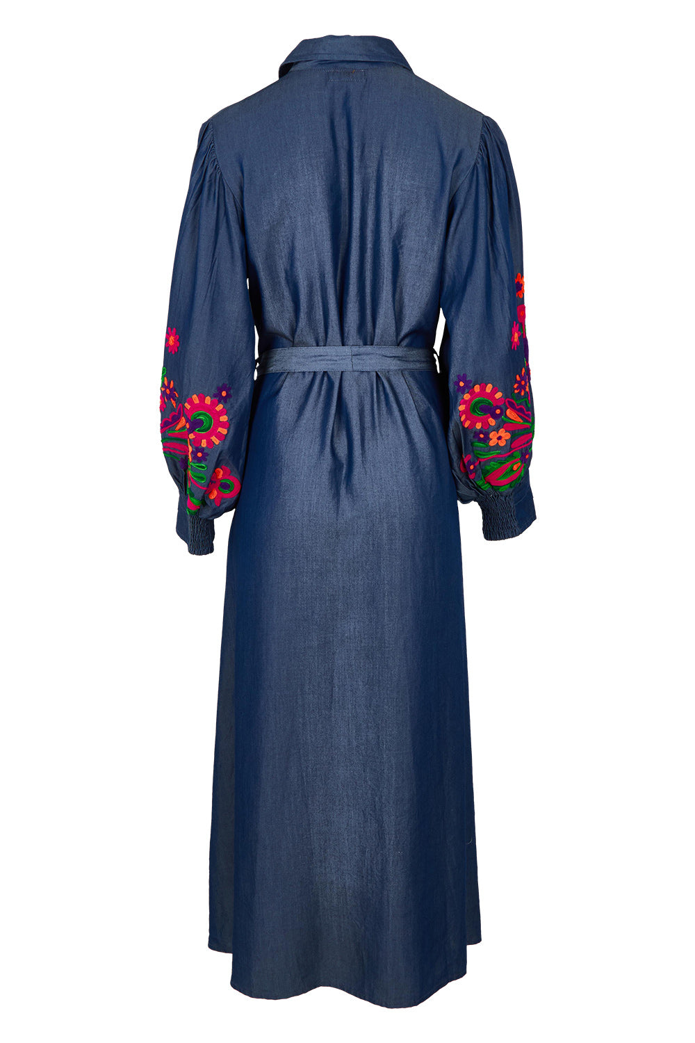 Product shot of the Gokarna Maxi Dress in colour Embroided (Blue), from the back