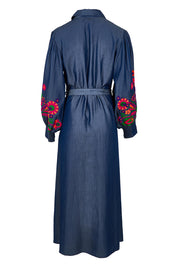 Product shot of the Gokarna Maxi Dress in colour Embroided (Blue), from the back