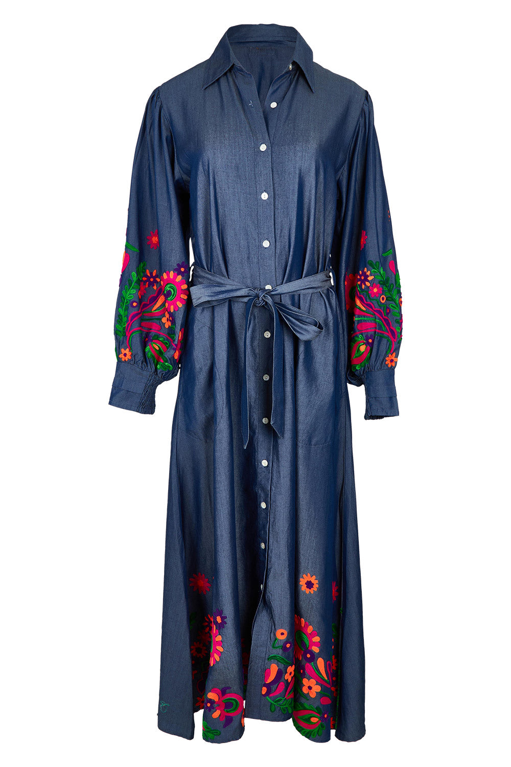 Product shot of the Gokarna Maxi Dress in colour Embroided (Blue), from the front