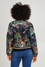 Model Olivia wearing size S of the Jungle Jacket in colour Black (Black), from the back