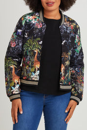 Model Olivia wearing size S of the Jungle Jacket in colour Black (Black), from the front, cropped image