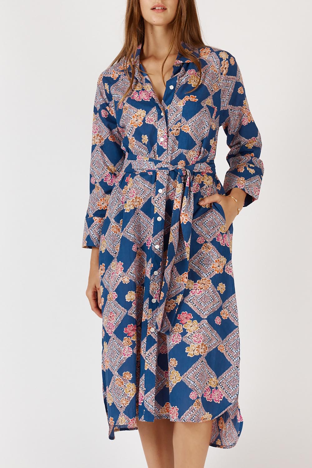 A model wearing the Maple Cotton Maxi Dress in colour Print, from the front, cropped image