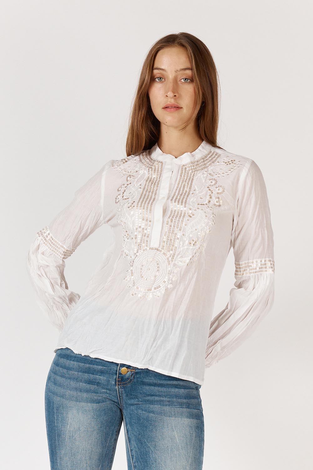 A model wearing the Moonshine Cotton Shirt in colour White (White), from the front, cropped image