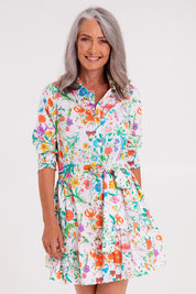 Model Luisa wearing size S of the Olivet Dress in colour White (White), from the front, cropped image