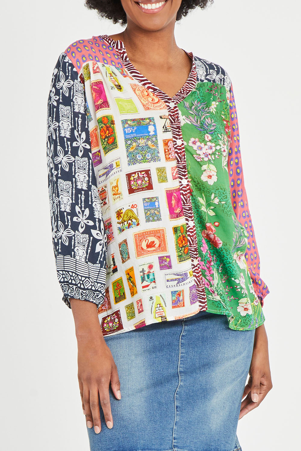 Model Aiyana wearing size S of the Destination Patch Shirt in colour Multi (Green), from the front, cropped image