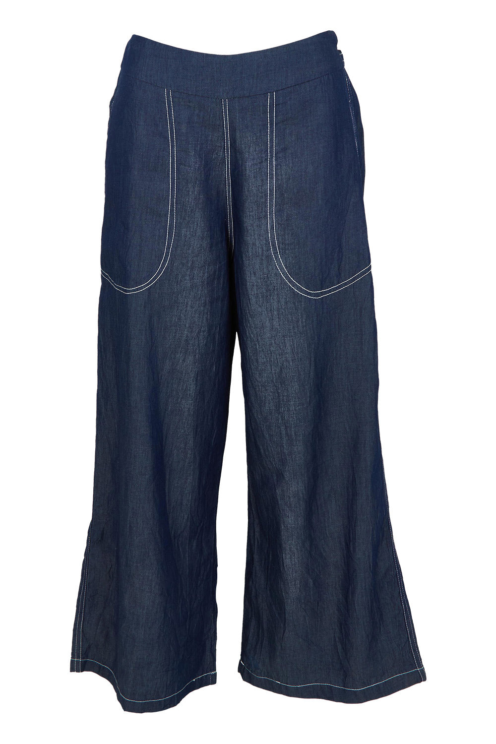 Product shot of the Pula Pant in colour Denim (Blue), from the front