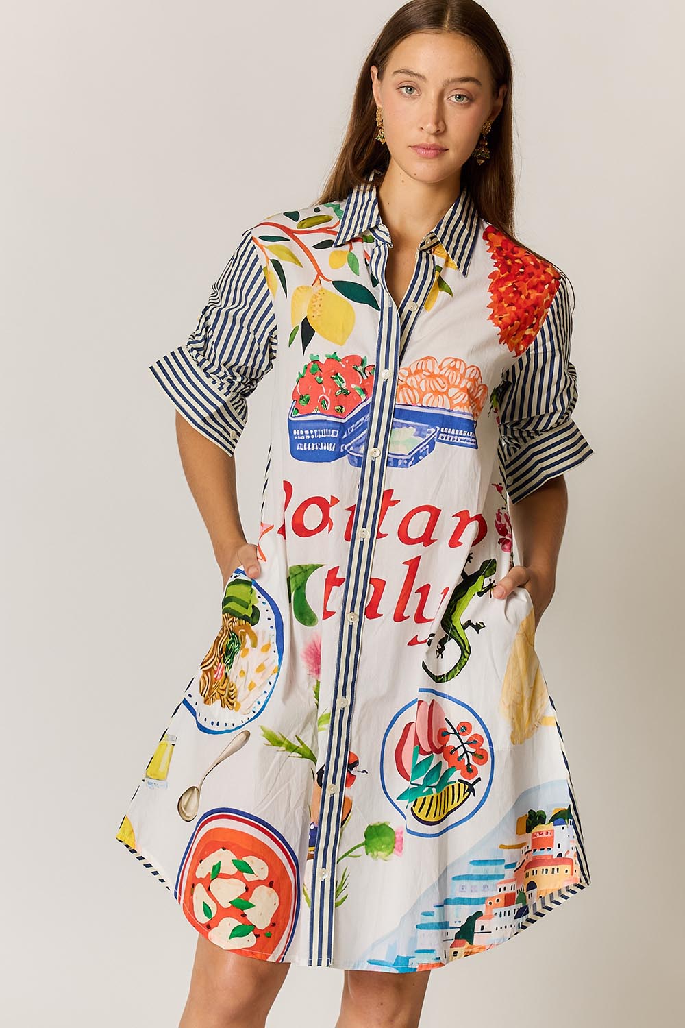 Model Genericm wearing size sample of the Sicily Dress – Print in colour Print, in a cropped view