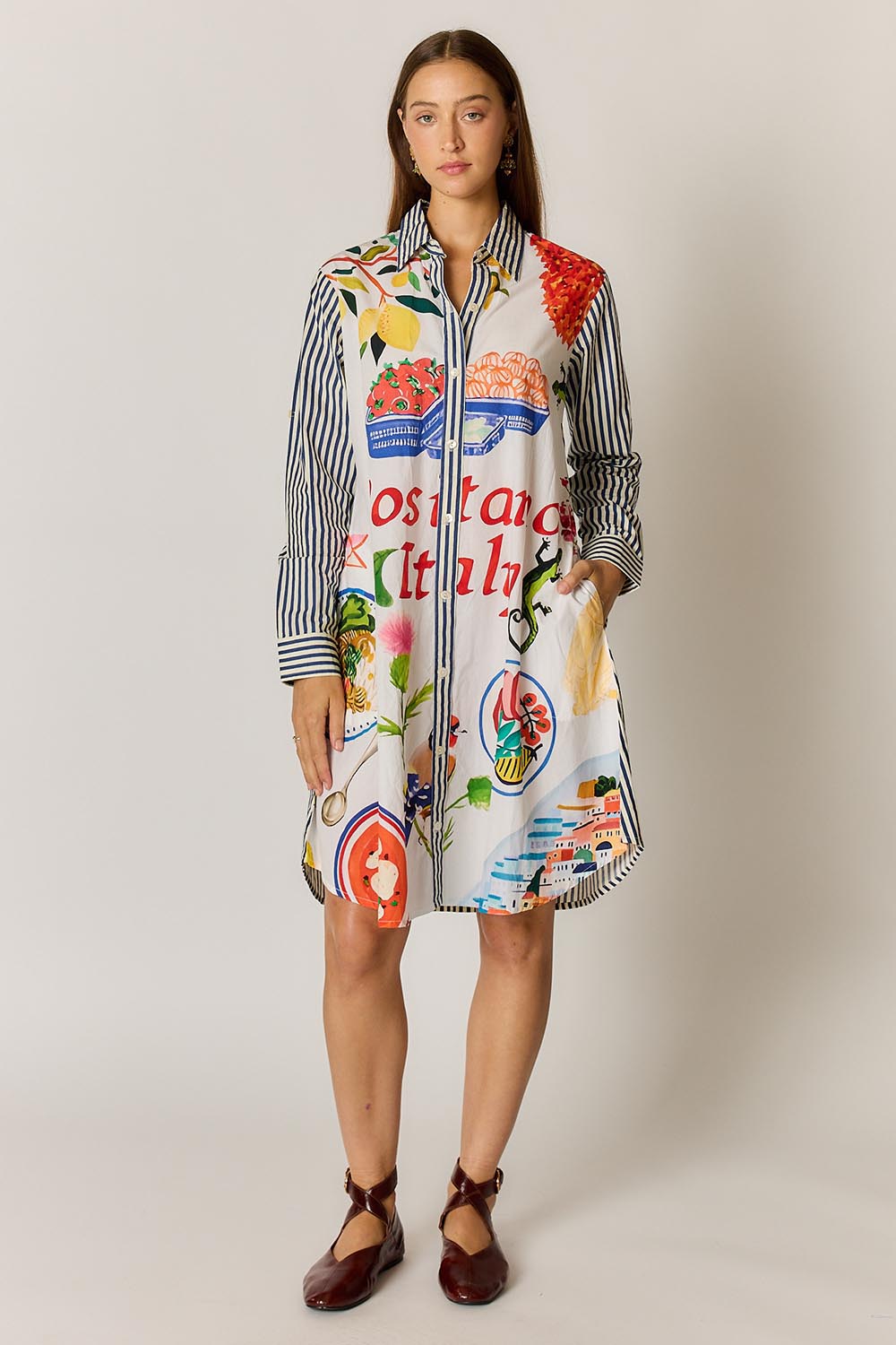 Model Genericm wearing size sample of the Sicily Dress – Print in colour Print, from the front