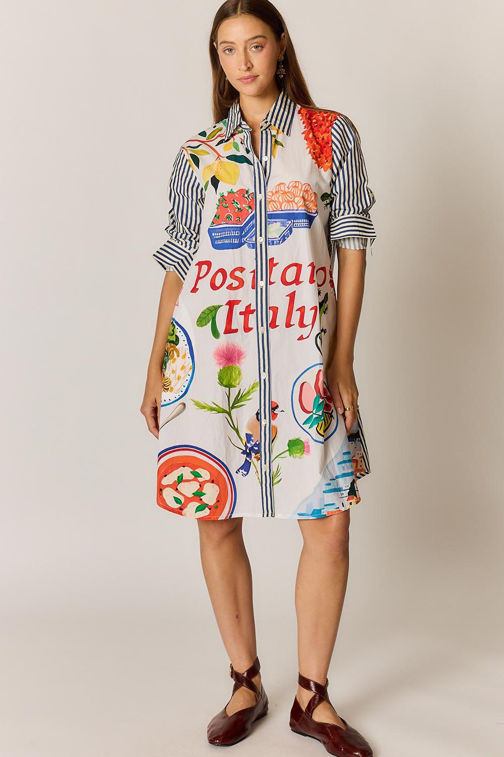 Model Genericm wearing size sample of the Sicily Dress – Print in colour Print, from the front