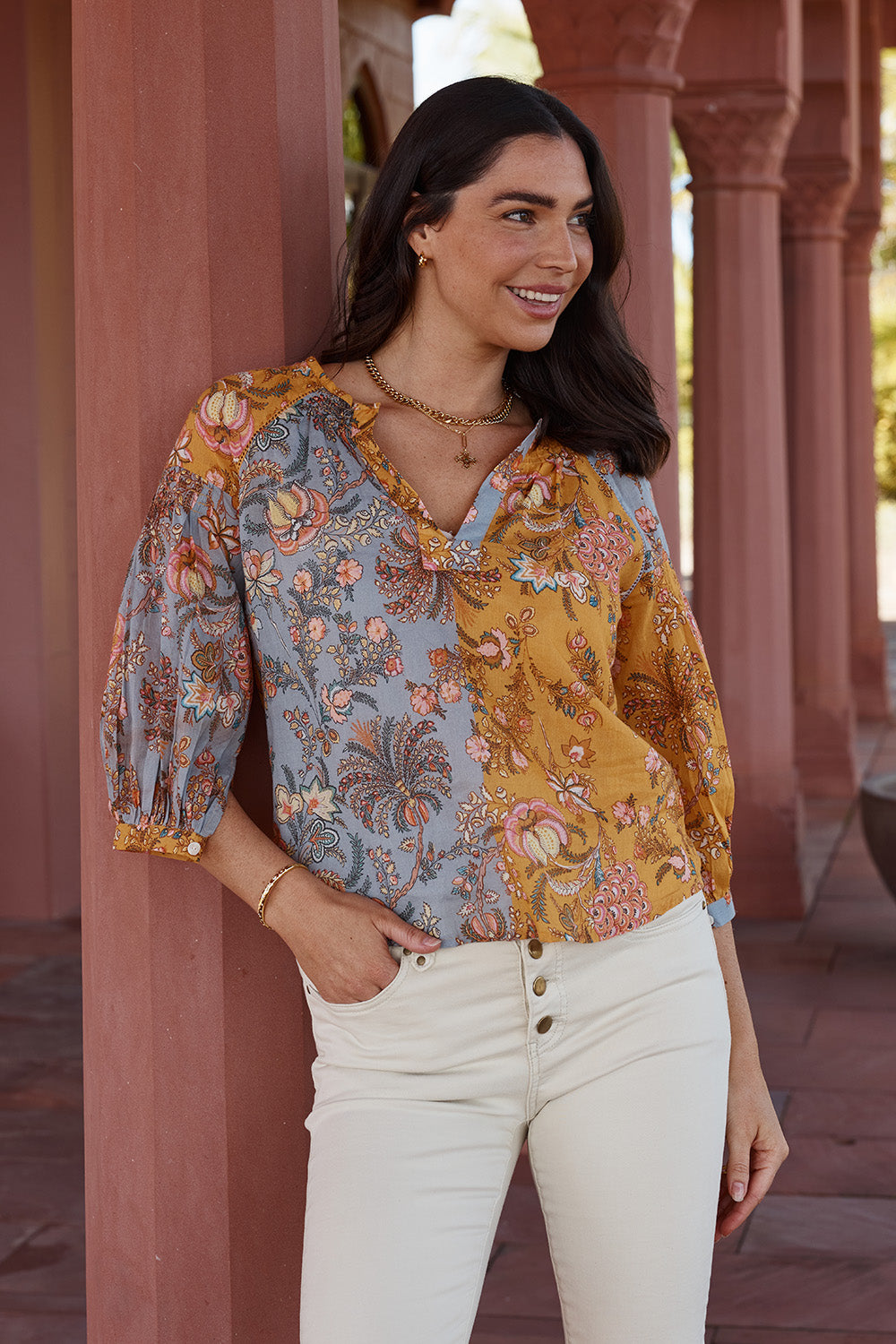 A model wearing the Willow Shirt in colour Multi, from the front, showing the whole outfit