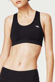 A model wearing the No Bounce Sports Bra in colour Black (Black), from the front, cropped image