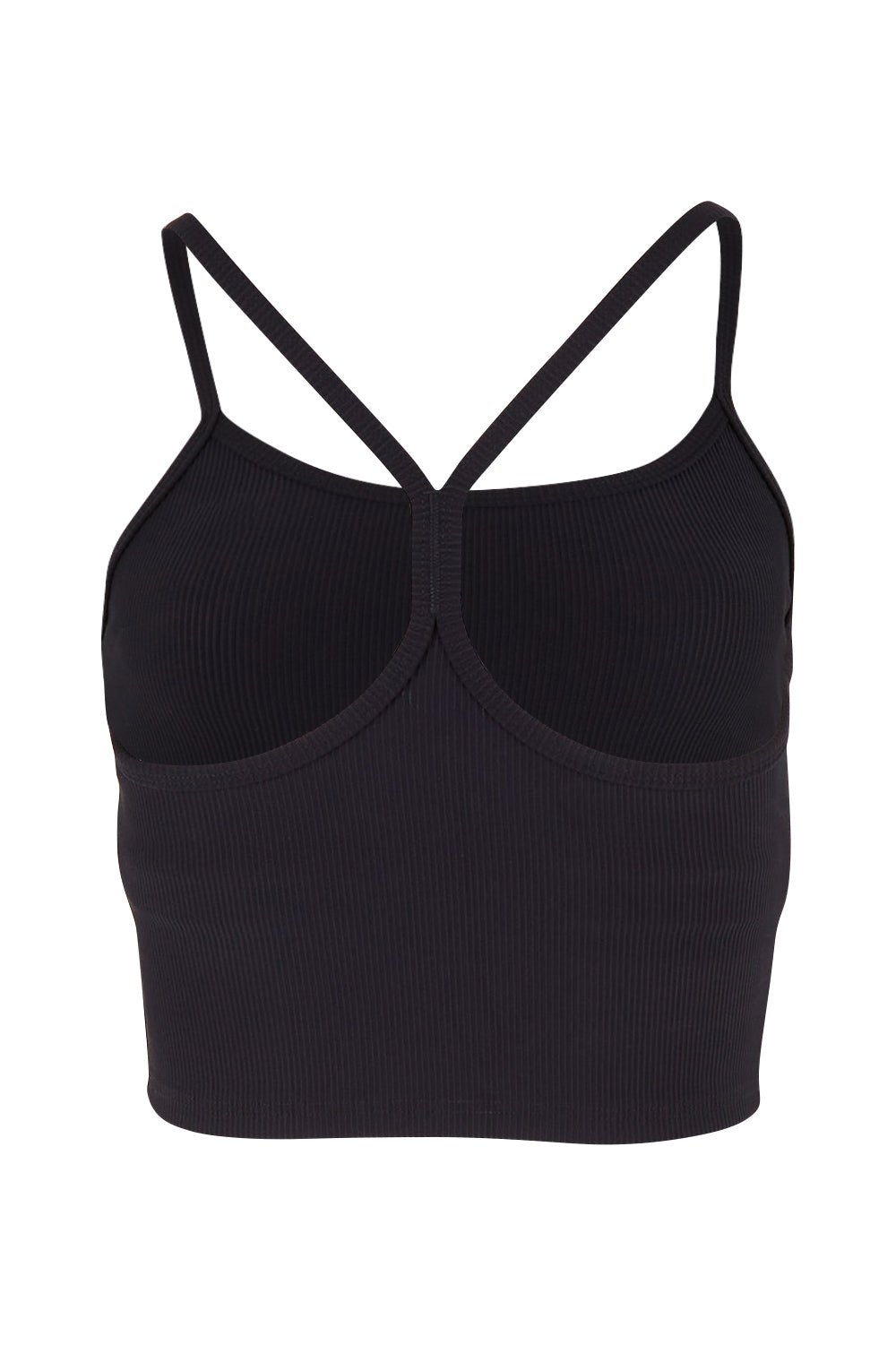 Product shot of the Dharma Long Line Rib Sports Bra in colour Black (Black), from the back