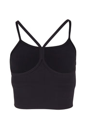 Product shot of the Dharma Long Line Rib Sports Bra in colour Black (Black), from the back