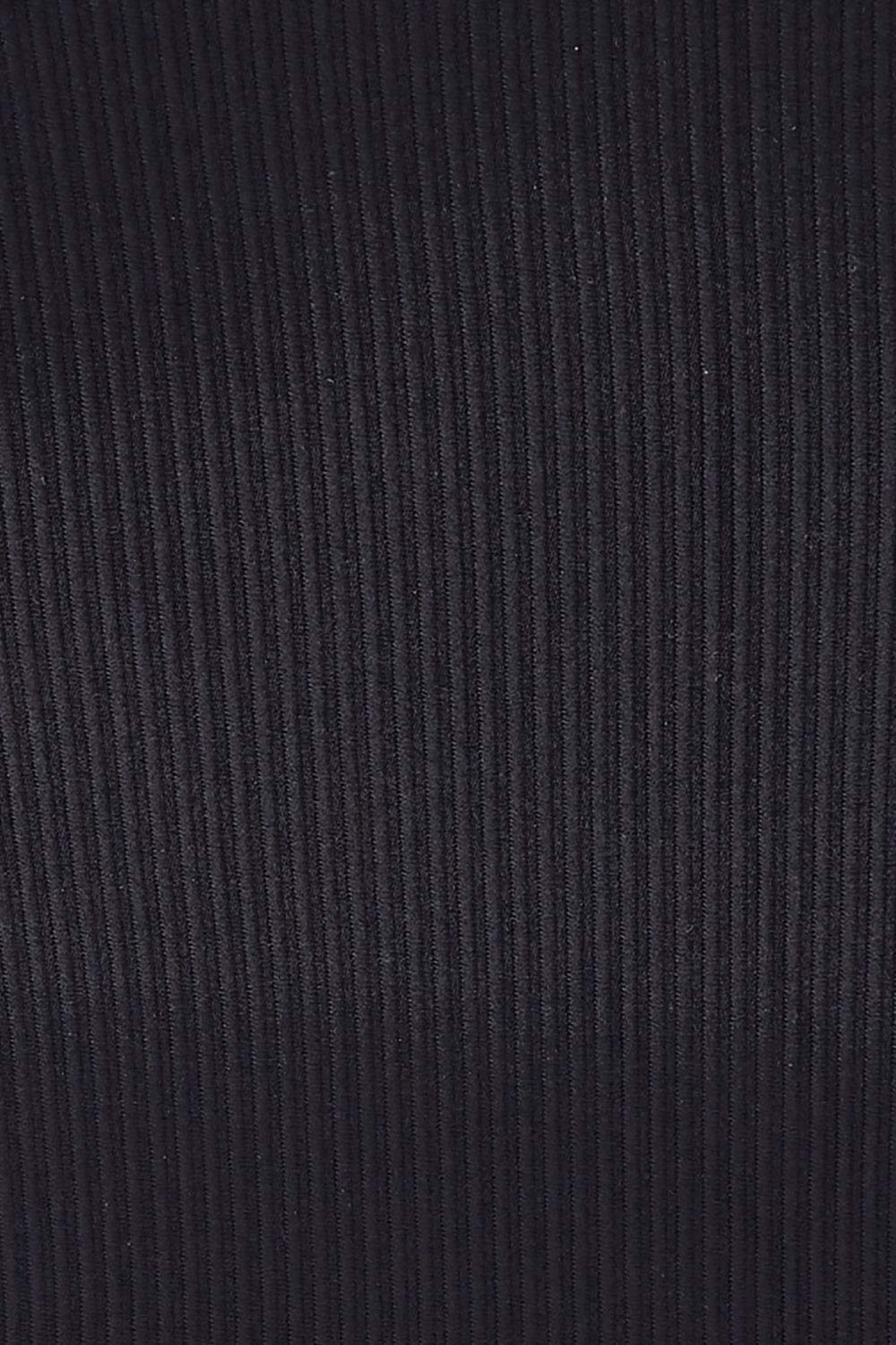 Product shot of the Dharma Long Line Rib Sports Bra in colour Black (Black), detail