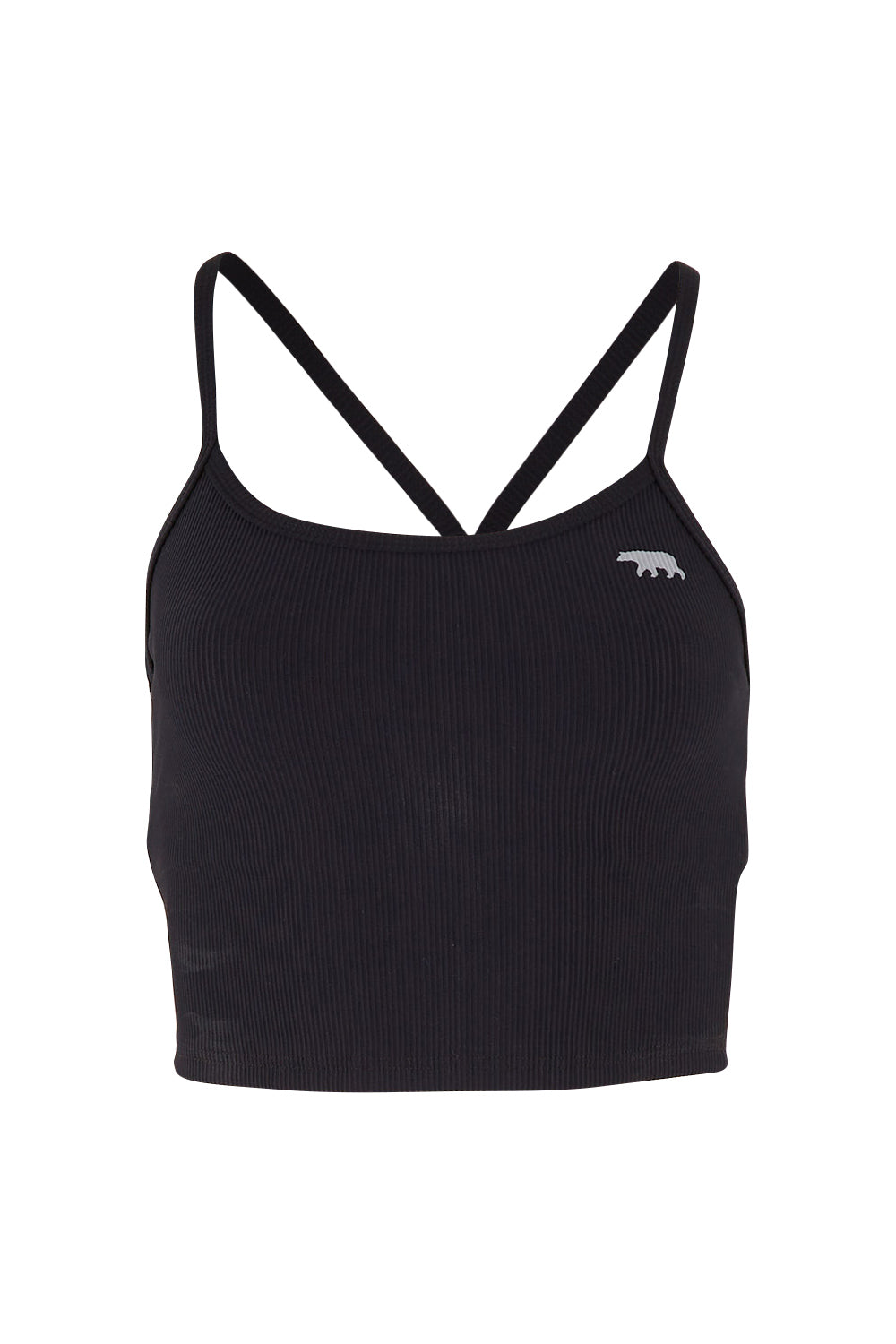 Product shot of the Dharma Long Line Rib Sports Bra in colour Black (Black), from the front