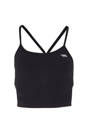 Product shot of the Dharma Long Line Rib Sports Bra in colour Black (Black), from the front