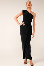 A model wearing the Valedictory Dress in colour Black (Black), from the front, showing the whole outfit