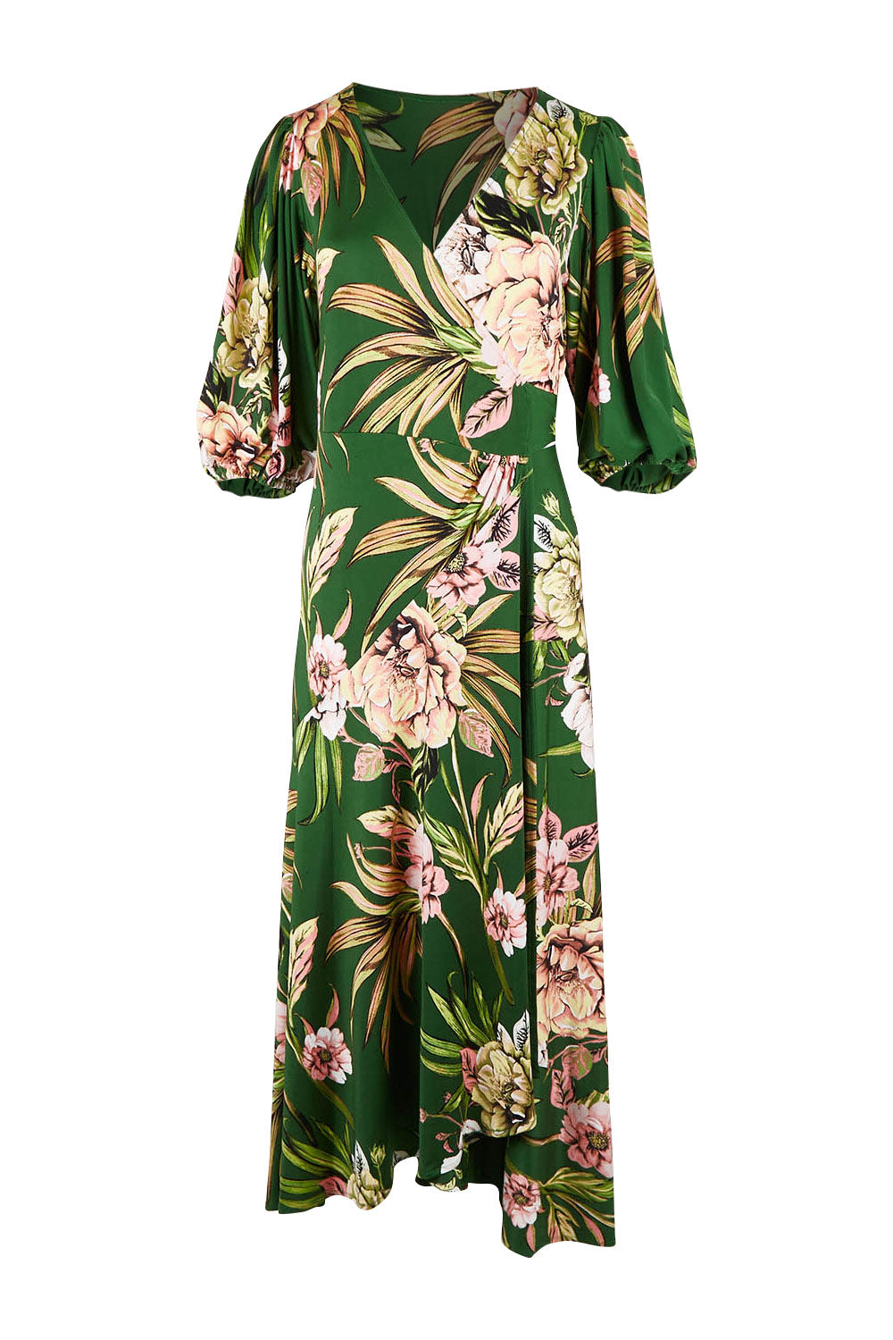 Product shot of the Chambord Wrap Midi Dress in colour Green (Green), from the front