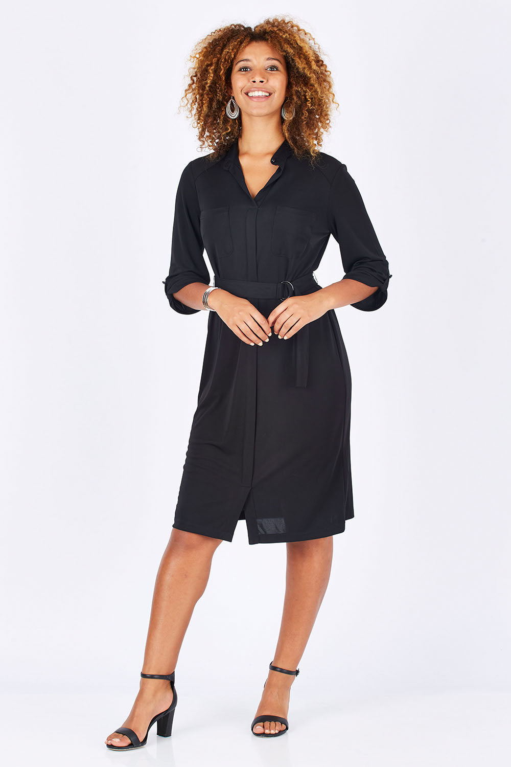 Model Summer wearing size 10 of the Fluid Jersey Shirtmaker in colour Black (Black), from the front, showing the whole outfit