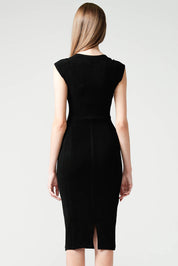 A model wearing the Iris Cap Sleeve Dress in colour Black (Black), from the back