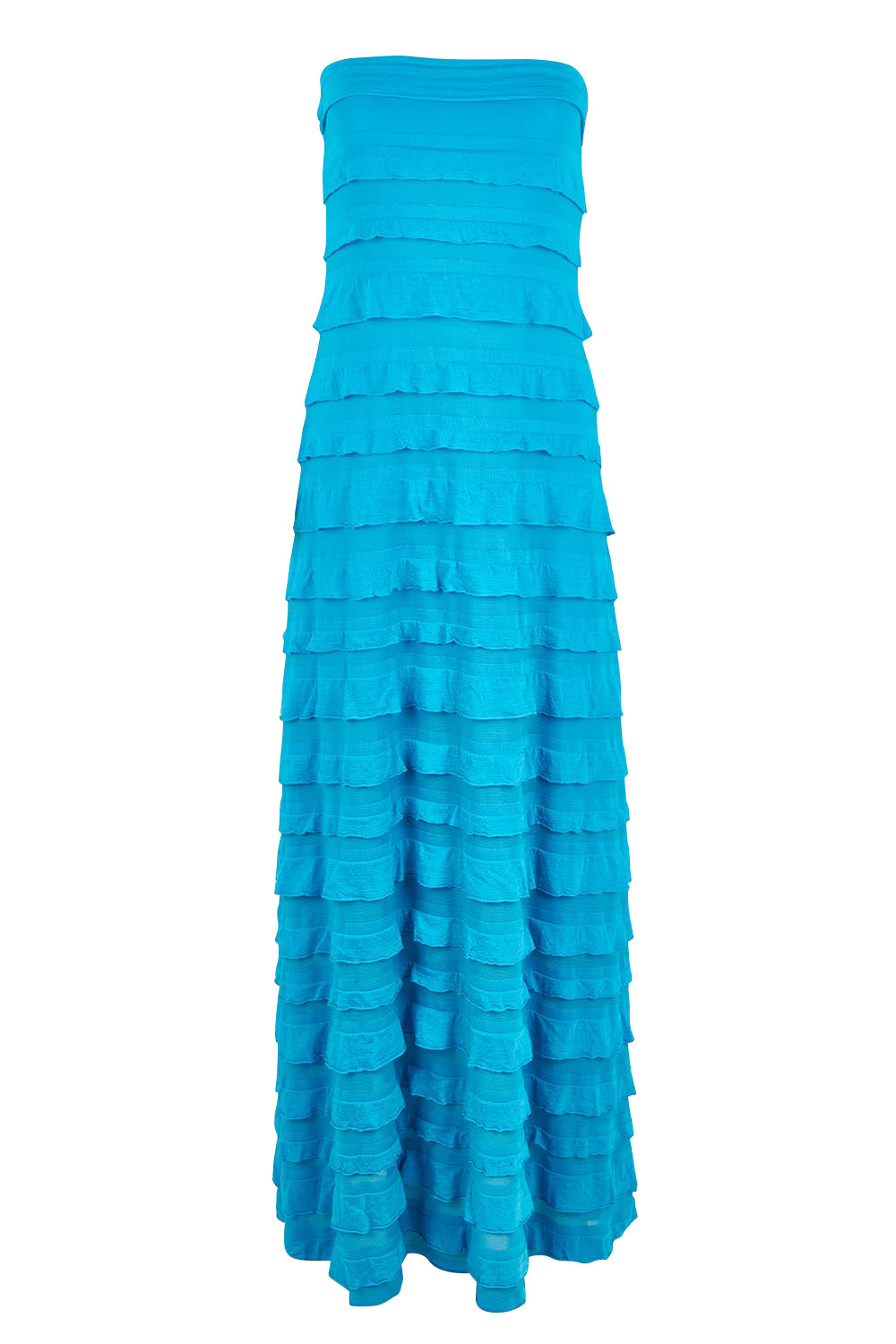 Product shot of the Maddison Maxi Ruffle Dress in colour Aqua (Blue), from the front