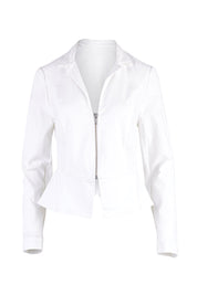 Product shot of the Front Zip Peplum Jacket in colour White (White), from the front