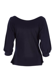 Product shot of the Cowl Tie Top in colour Navy (Blue), from the back