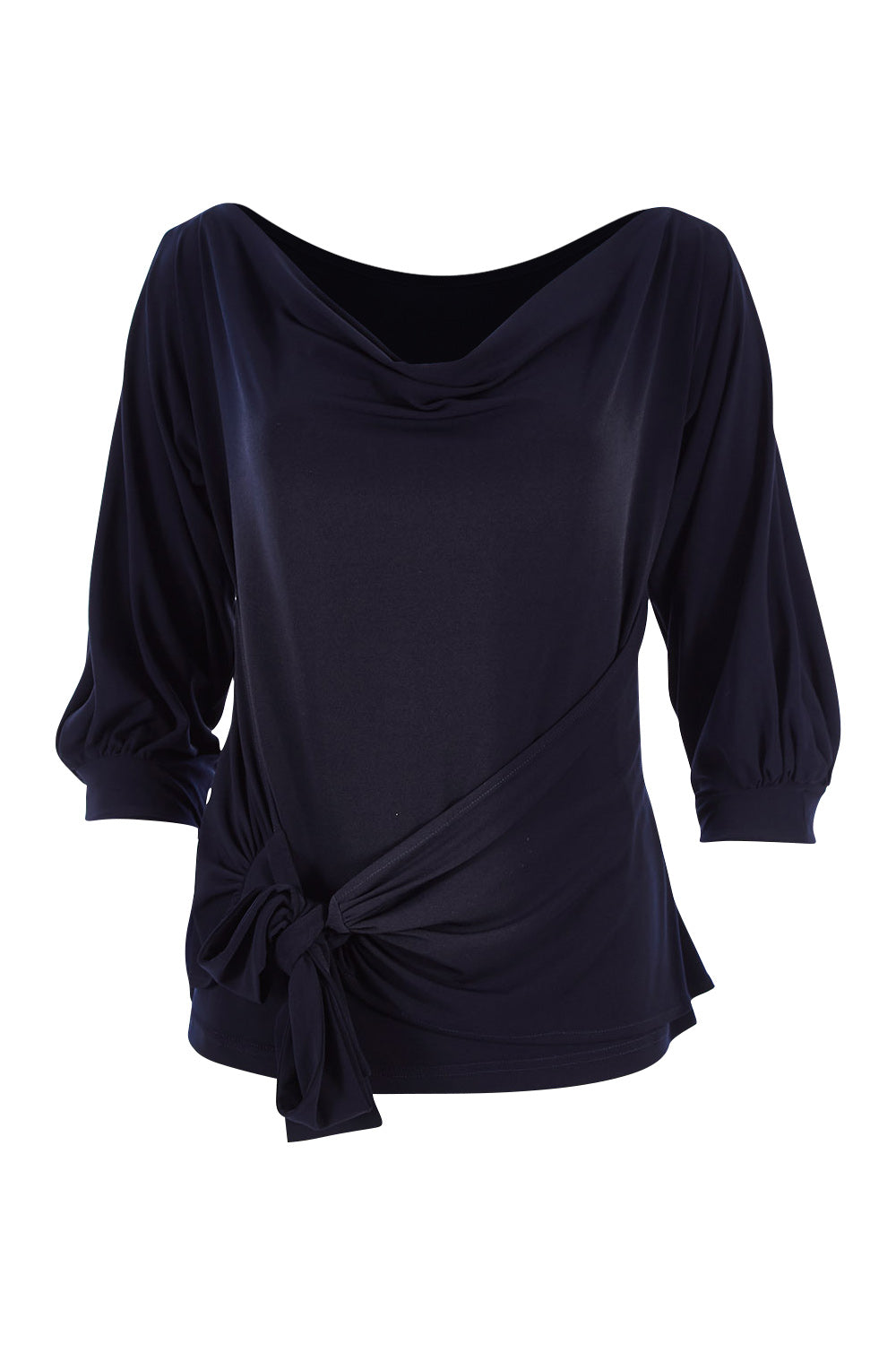 Product shot of the Cowl Tie Top in colour Navy (Blue), from the front