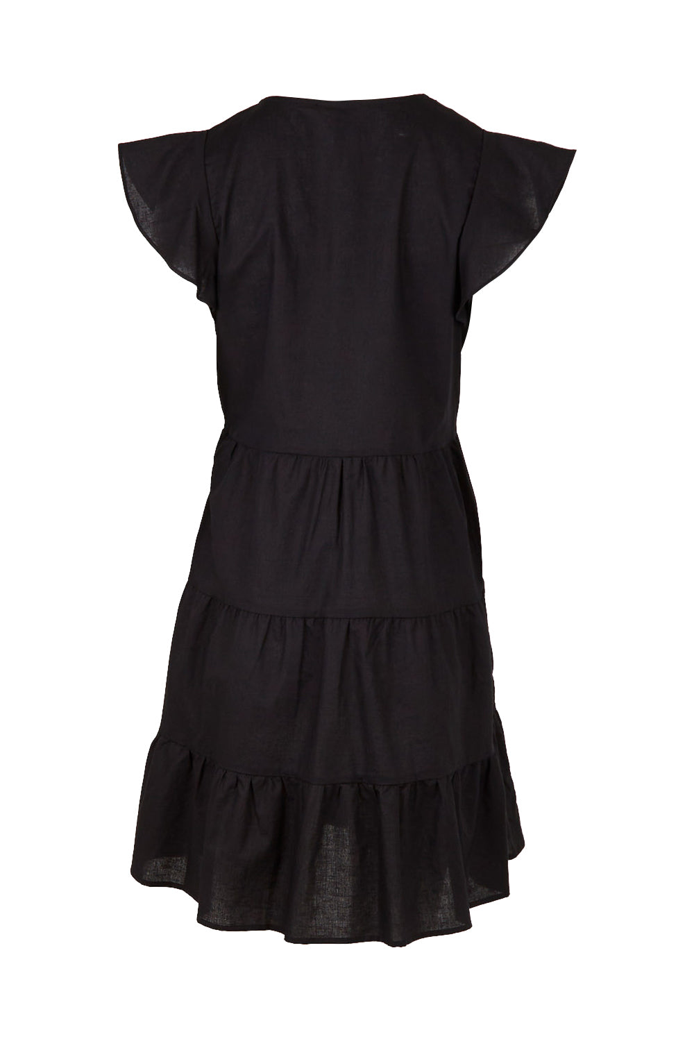 Product shot of the Alina Tiered Linen Dress in colour Black (Black), from the back