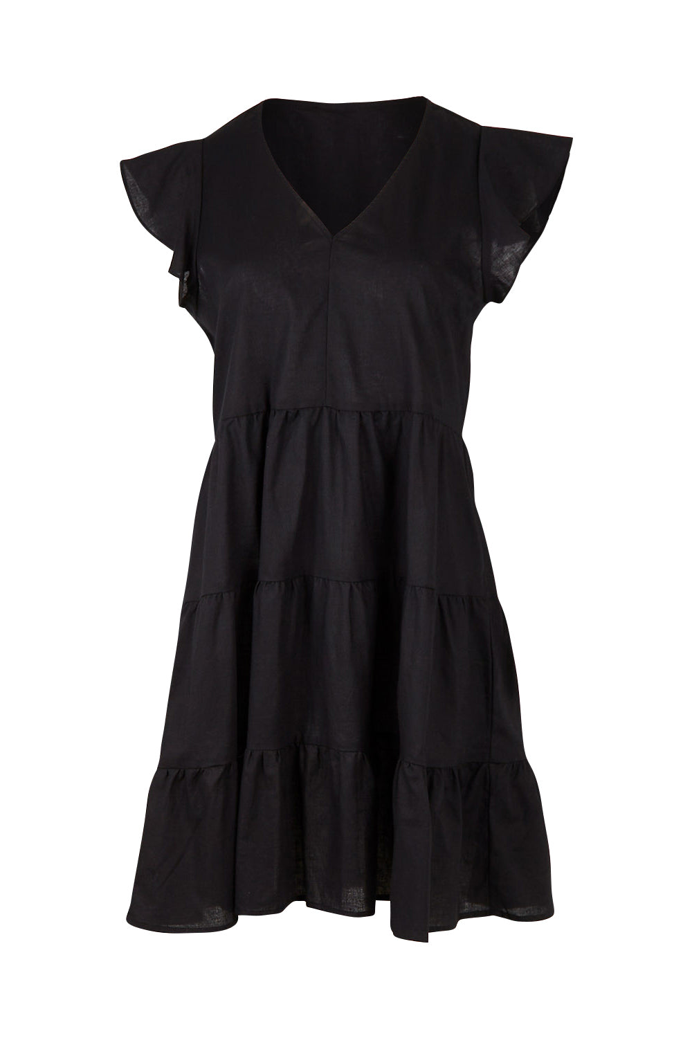 Product shot of the Alina Tiered Linen Dress in colour Black (Black), from the front