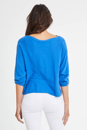 Model Madeline wearing size 10 of the Donna Knit Top in colour Cobalt (Blue), from the back