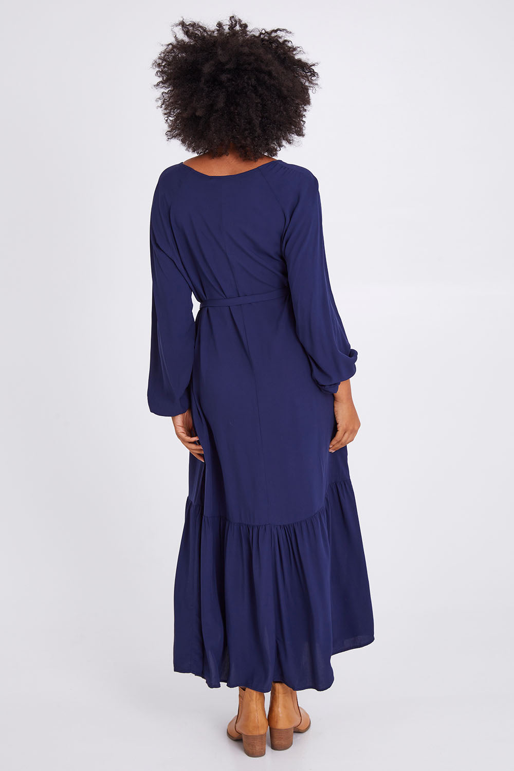Model Olivia wearing size 10 of the Brigitte Balloon Sleeve Maxi Dress in colour Navy (Blue), from the back