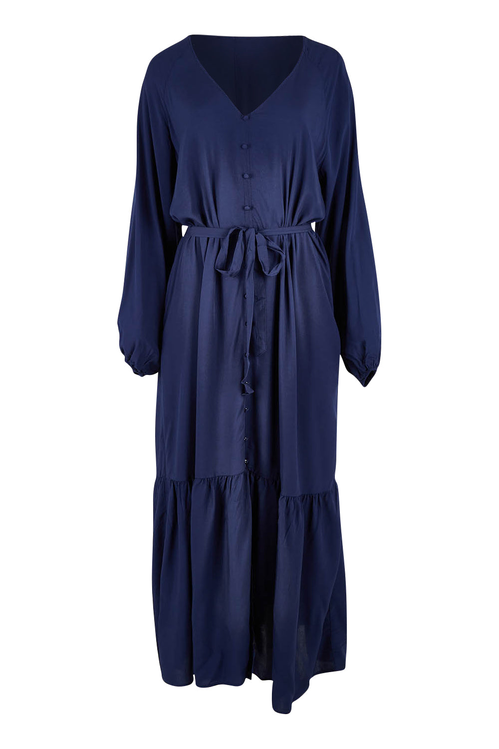 Product shot of the Brigitte Balloon Sleeve Maxi Dress in colour Navy (Blue), from the front