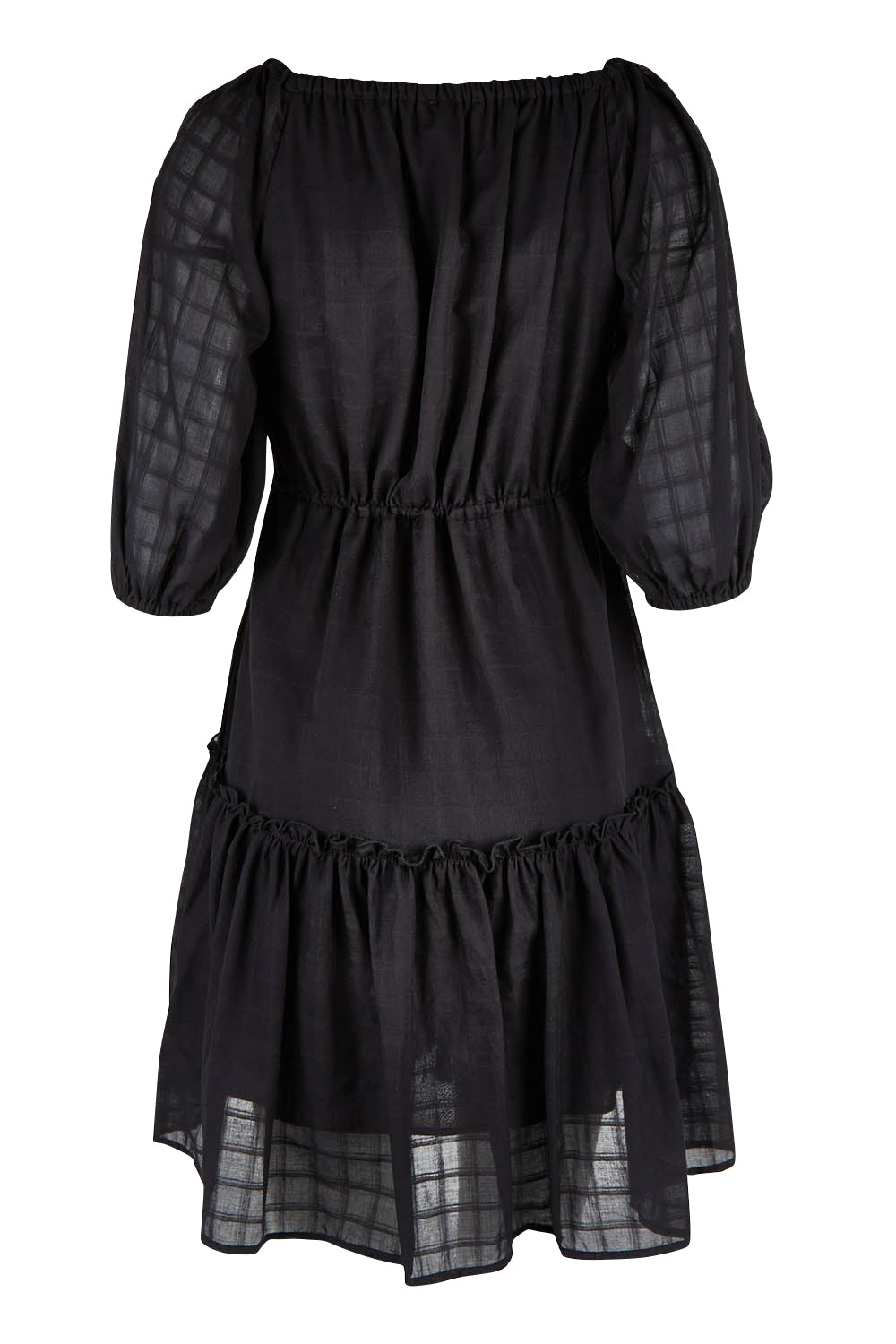 Product shot of the Ruby Tiered Midi Dress in colour Black (Black), from the back