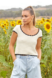 A model wearing the Coco Crochet Cotton Knit Top in colour Cream, from the front, showing the whole outfit