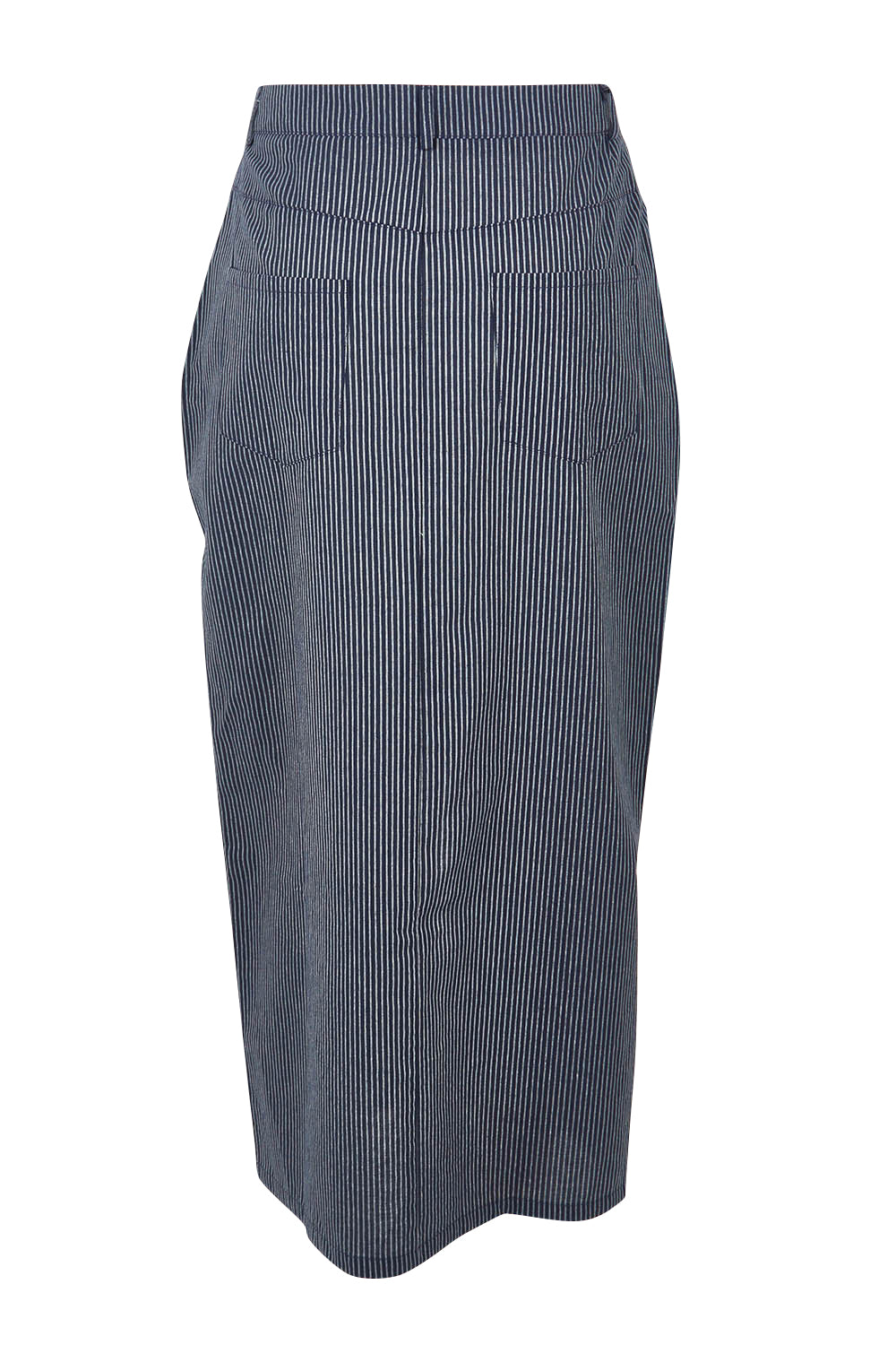 Product shot of the Liberty Cotton Maxi Skirt in colour Navy (Blue), from the back