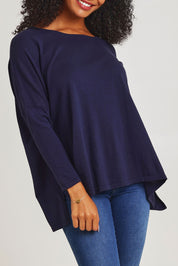 Model Ziara wearing size 10 of the Khaleesi Cotton Knit Top in colour Navy (Blue), from the front, cropped image