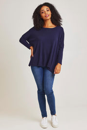 Model Ziara wearing size 10 of the Khaleesi Cotton Knit Top in colour Navy (Blue), from the front, showing the whole outfit