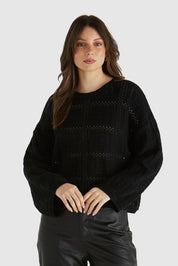 A model wearing the Marcello Cotton Crochet Top in colour Black (Black), from the front, cropped image