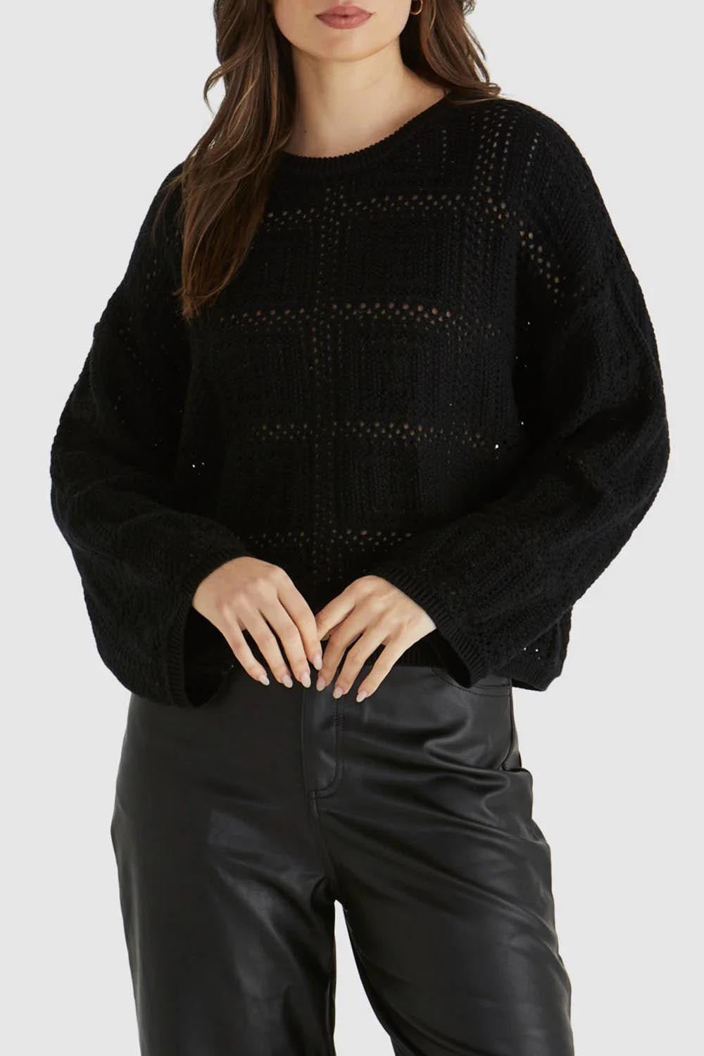 A model wearing the Marcello Cotton Crochet Top in colour Black (Black), from the front, cropped image