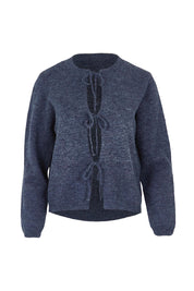 Product shot of the Greta Cardi in colour Navymarle (Blue), from the front
