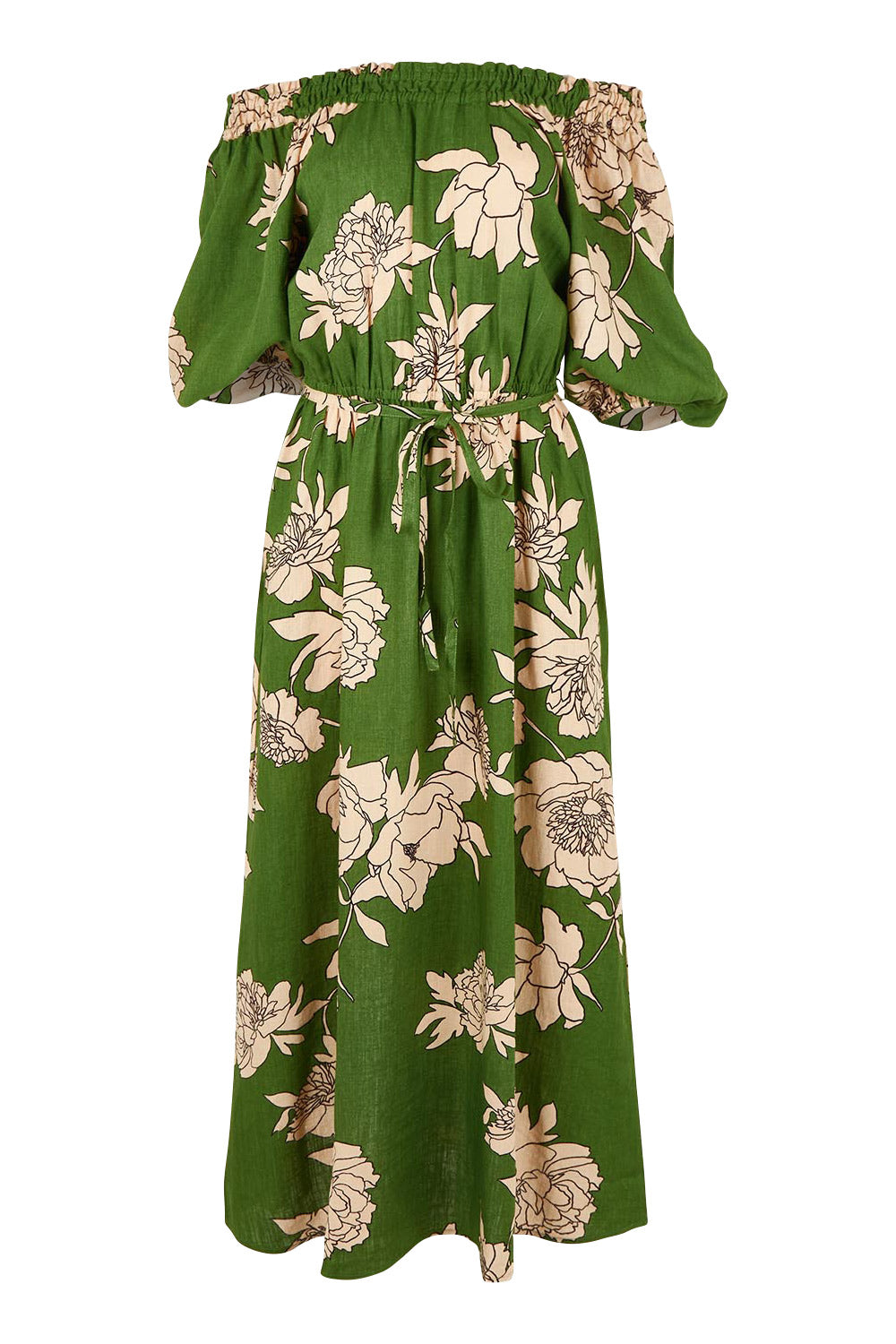 Product shot of the Antonie Off Shoulder Dress in colour Moonflower (Green), from the front