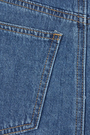 Product shot of the Vale Scalloped Denim Skirt in colour Midblue (Blue), detail