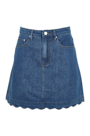 Product shot of the Vale Scalloped Denim Skirt in colour Midblue (Blue), from the front