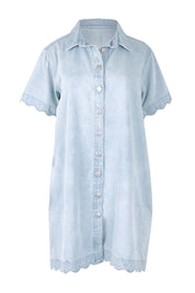 Product shot of the Vale Scalloped Denim Dress in colour Bleach (Blue), from the front
