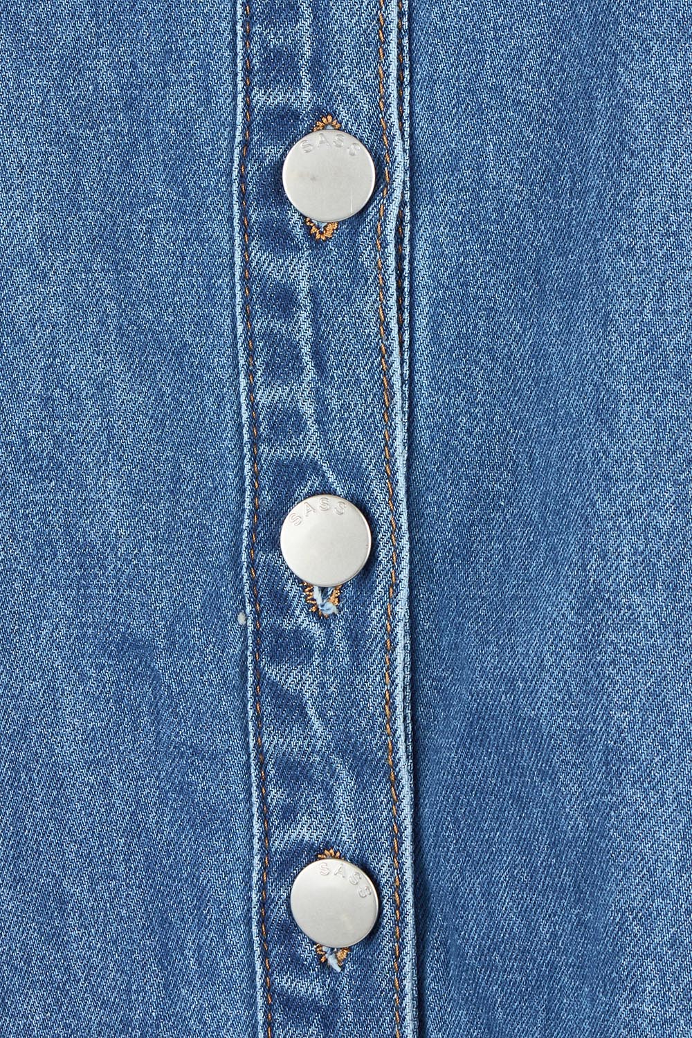Product shot of the Vale Scalloped Denim Dress in colour Midblue (Blue), detail