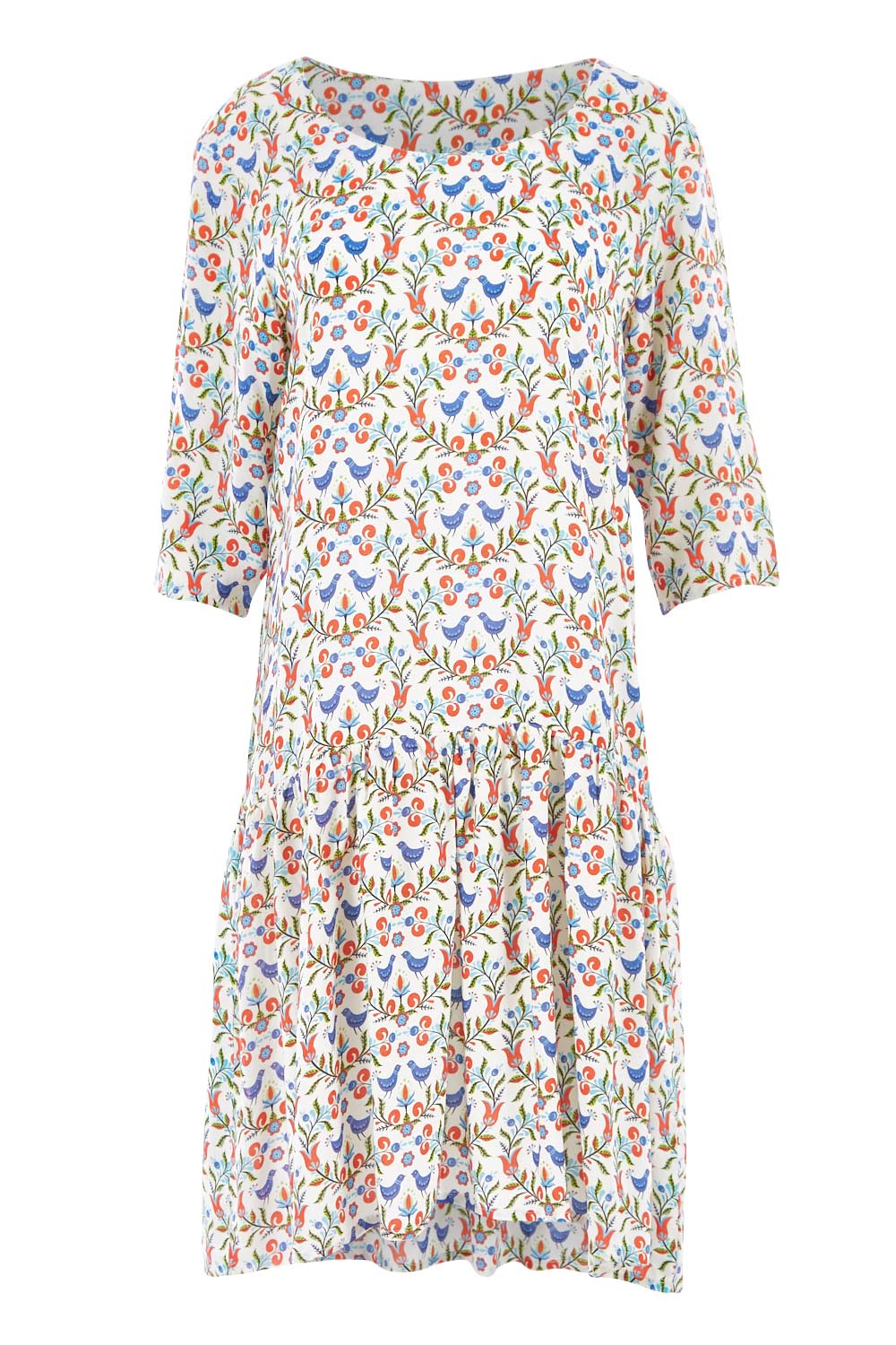 Product shot of the Hygge Drop Waist Dress in colour RedBird (White), from the front