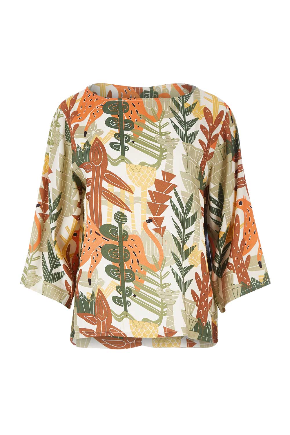 Product shot of the Avslappnad Top in colour Animal (Green), from the front