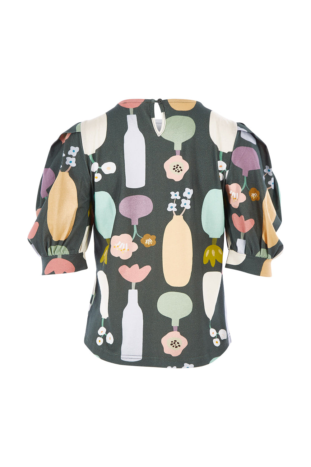 Product shot of the Barnslig Puff Sleeve Tee in colour Pottery (Grey), from the back