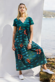 Model Phoebe wearing size 10 of the Stegs Dress in colour Navjuniper (Blue), from the front, showing the whole outfit
